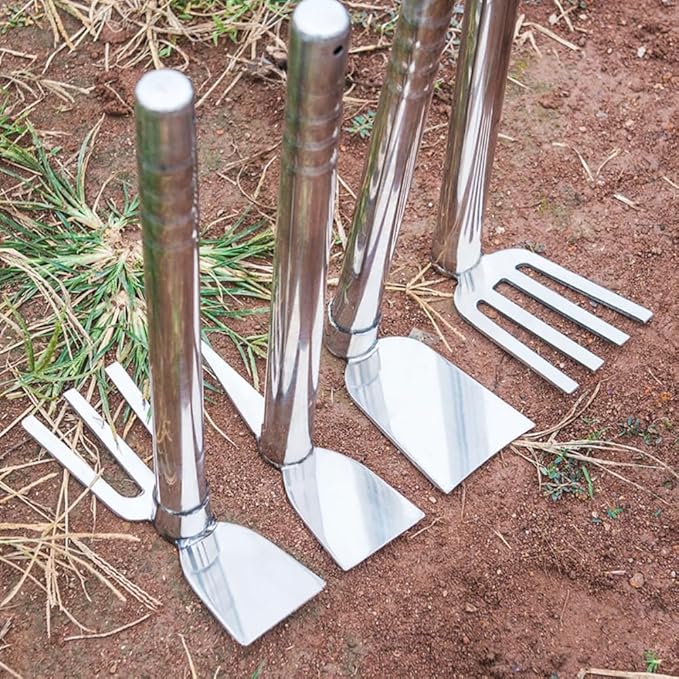 Garden Tool Set 4 PCS Heavy Duty Stainless Steel Gardening Tool Set Short Handle Farming Rake Shovel Outdoor Hand Tools Set Beach Combing Tool Kit Unisex Gifts for Seniors (Pickax-Hoe)