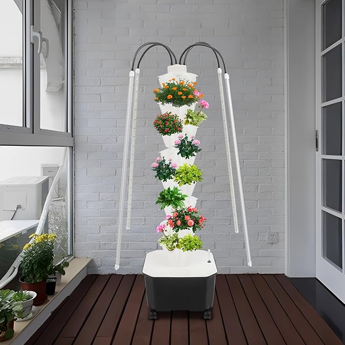 40 Pots Hydroponic Tower Growing System with LED Grow Lights Vertical Planter Tower Smart Tower Garden Hydroponic Herb Garden Planter Indoor Kit (Grey)