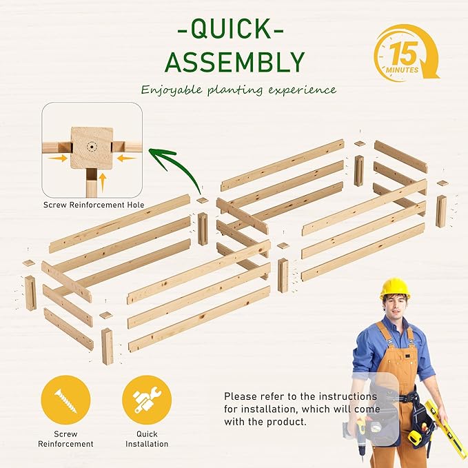 Incbruce 95x24x10 in Wooden Raised Garden Bed Planter Bolt Assembly Elevated Flower Bed Boxes Kit for Vegetable Flower Gardening Natural
