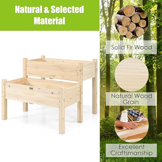 COSTWAY 2-Tier Raised Garden Bed Sturdy Fir Wood Elevated Planter with Legs for Vegetables Herbs &amp Flowers – Indoor &amp Outdoor Use Natural Finish
