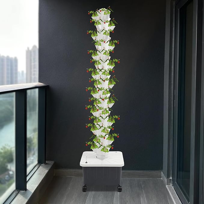 Hydroponic Tower 7.93 Gal Water Tank 15 Layer 45 Holes Hydroponics Growing System Kit for Growing Flowers Vegetable Strawberries Lettuce