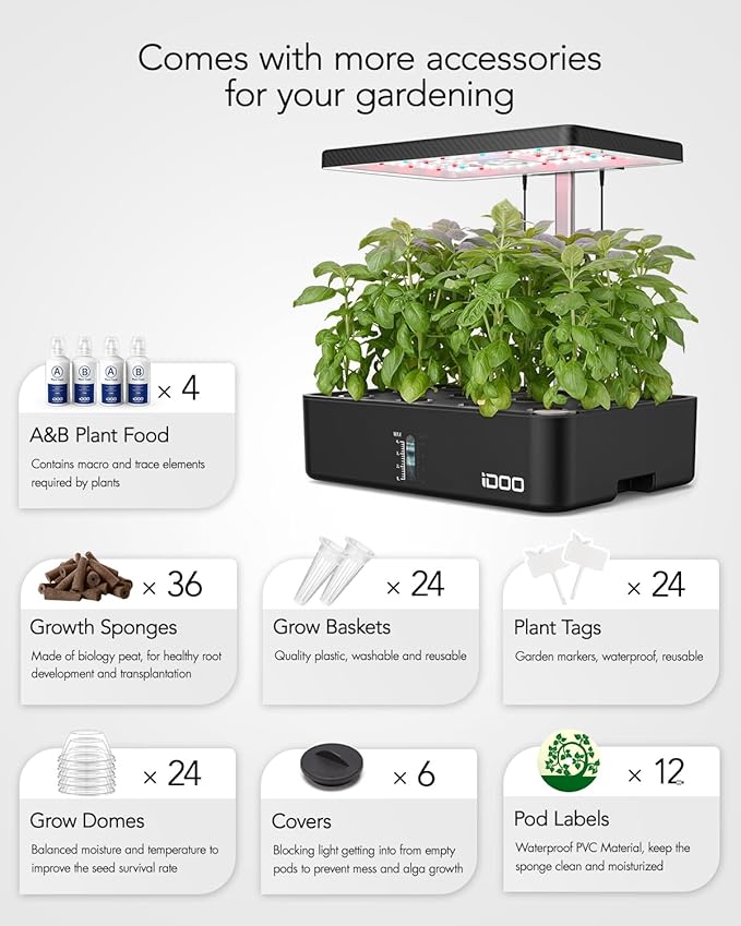 iDOO Hydroponics Growing System Kit 12Pods Christmas Gifts for Women Mom Herb Garden Indoor with LED Grow Light for Home Built-in Fan Auto-Timer Adjustable Height Up to 11.3 12Pods Kit-Black