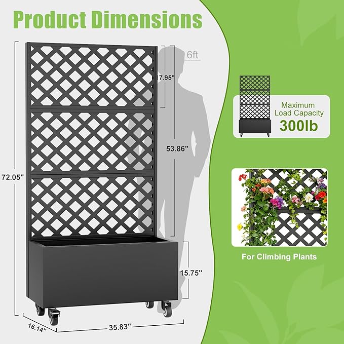 72 Metal Planter Box with Trellis Tall Outdoor Planter Box Raised Garden Bed on Wheels for Climbing Plants Outdoor Flower Planter with Drainage &amp Lockable Casters