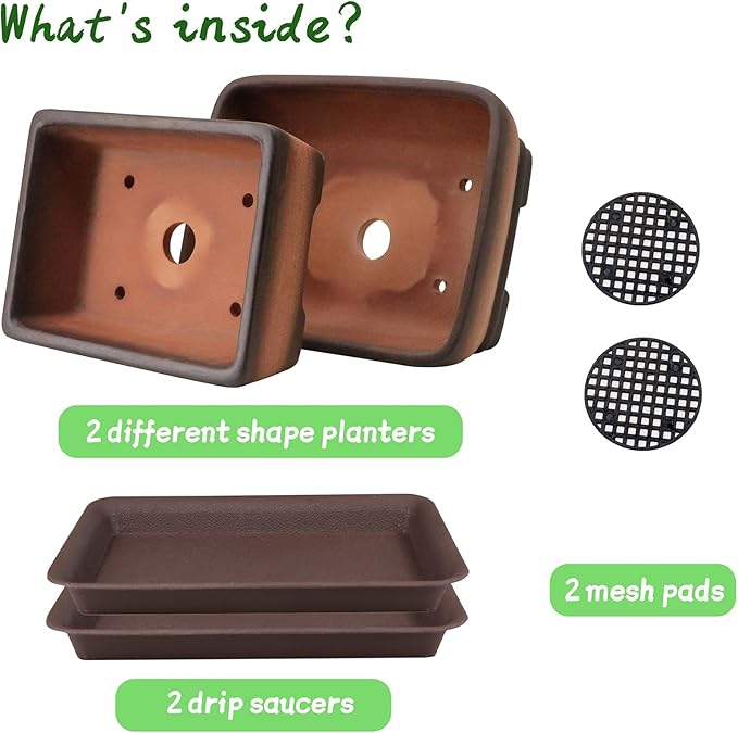 MUZHI 2 Pack Handmade Color Gradational Terracotta Bonsai Pot 5 Inch and 6 Inch with Drip Tray Breathable Unglazed Rectangle Ceramic Planter for Tree Succulent Cactus
