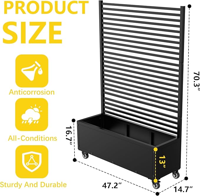 YOHKOH Metal Planter Box with Trellis 4 Wheels (2 Lockable) 13 Deep Raised Garden Bed with Trellis and Privacy Screen 47.2W x 14.7D x 70.3H Planter Box for Climbing Plants Patio Garden Black