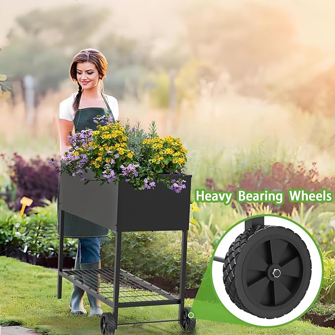 34 × 15 × 31 Inches Raised Garden Bed with Legs/Storage Shelf Mobile Planter Box for Outdoor Plants Elevated Garden Bed for Backyard Balcony Black