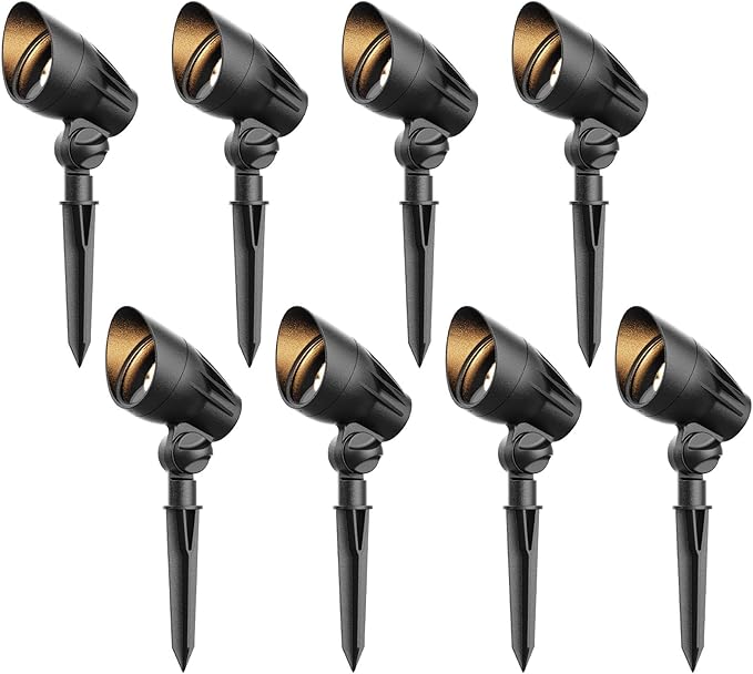12V Low Voltage Landscape Lights 8-Pack with 50W MR16 Halogen Bulbs 380 Lumen 3000K Warm White Spotlights Outdoor Yard Lighting with Connectors &amp Stakes (11.0 Watts)