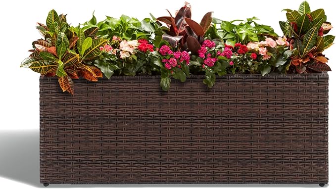 LEWIS&ampWAYNE Large Rectangular Block Planter Box Handmade Wicker Tall Planters for Outdoor Plants with Removable Liners Modern Planter for Indoor Outdoor Patio Deck - Brown 36''x12''x16''