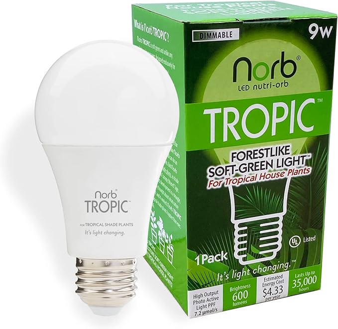 Norb Tropic - Tropical Grow Light Bulb Specialized Green LED for Indoor Houseplants Mimicks Forest Filtered Light Monstera Ficus Orchids &amp Palms Plant Lighting for Home &amp Office A19 9