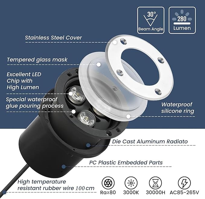 4PCS Ground LED Landscape Lights - 3W Outdoor Round Buried Lamp IP67 Waterproof Stainless Steel Recessed Spotlight LED Well Lights for Terrace Path IlluminatWarm White 3W(12V)
