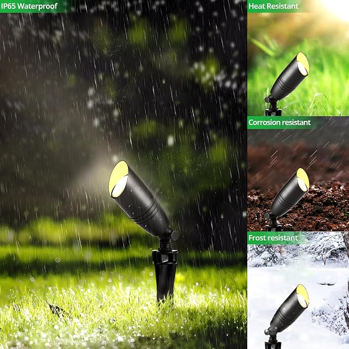 wowlite Low Voltage Spot Lights Outdoor LED 4 Pack Die-cast Aluminum Landscape Spotlights Waterproof Black Uplights with MR16 Bulbs Ground Stake for Garden Courtyard Pathway