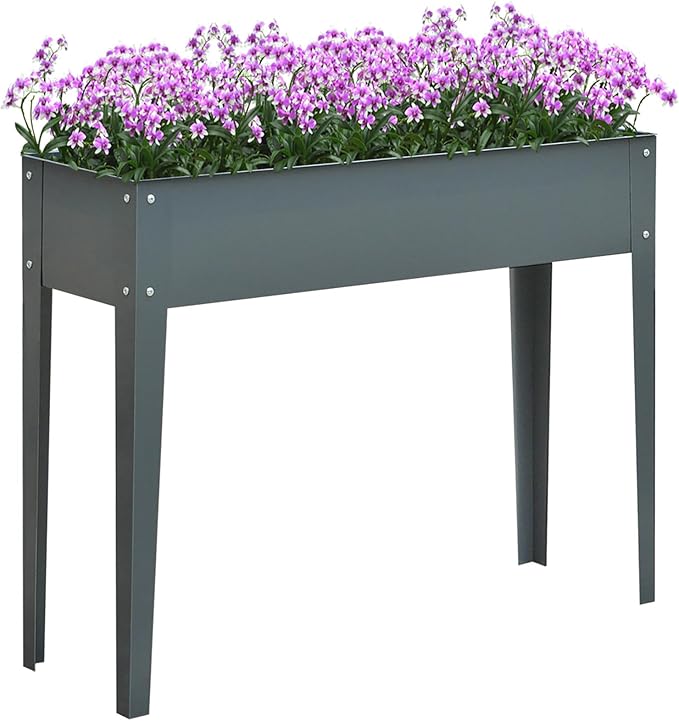 Metal Raised Garden Bed Galvanized Raised Planter BoxElevated Planter Box with Legs and Drain Holes for Balcony Backyard Patio Lasts Dark Gray