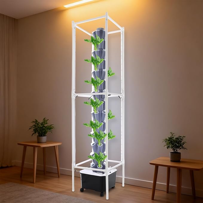 Hydroponic Grow Tower Vertical Hydroponic Kit 14-Tier 70 Holes Gardening System with Wheels/LED Grow Lights/Water Pump/Timer for Strawberries Vegetables Flowers