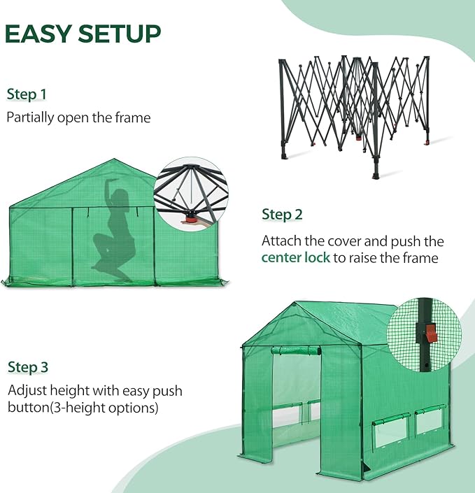10x10 Pop Up Greenhouse Instant Walk in Green House with PE Cover Power Ports Roll up Doors &amp Windows for Indoor Outdoor Plant Growing Green