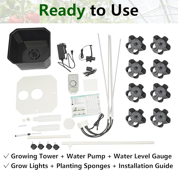 Hydroponics Growing System Kit 40 Pods 8 Tiers Vertical Gardening System with Wheels Outdoor Indoor Herb &amp Fruits Growing Tower with LED Grow Lights and Auto Water Pump System Gray