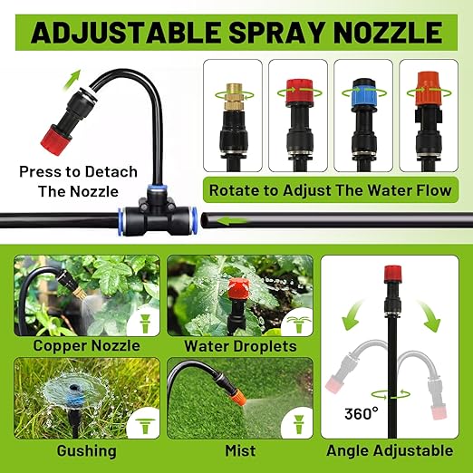 100-Foot Drip Irrigation System - 16 Copper Nozzles + T-Connectors for Gardens Lawns Plants and Hydroponics - Quick-Connect Watering Kit