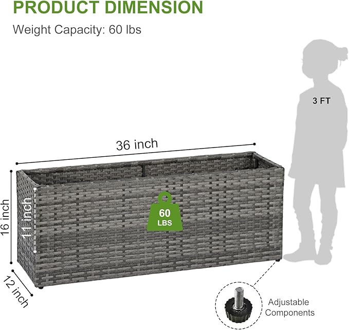 LEWIS&ampWAYNE Large Rectangular Block Planter Box Handmade Wicker Tall Planters for Outdoor Plants with Removable Liners Modern Planter for Indoor Outdoor Patio Deck - Gray 36''x12''x16''