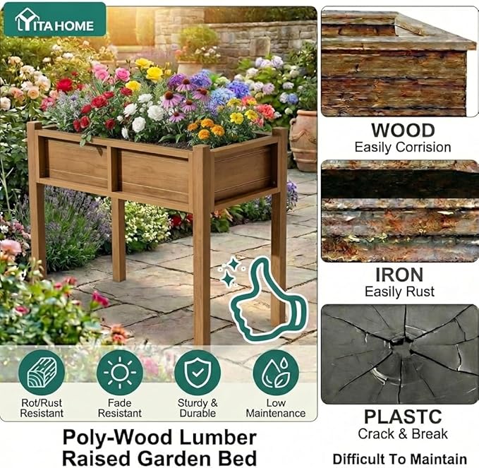 YITAHOME Elevated Garden Bed HDPE Raised Garden Bed with Legs &amp Drainage Hole Poly-Wood Weatherproof Elevated Planter Box Patio Planters for Vegetables Flowers Plant Bed for Garden Teak