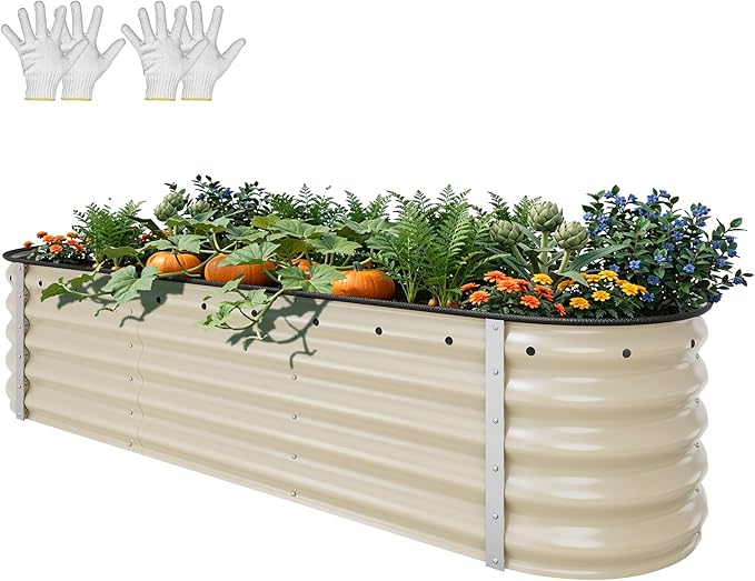 YITAHOME 17 Tall 6 in 1 Large Raised Garden Bed Kit 6.5x2x1.4ft Galvanized Metal Planter Box with Gloves &amp Safety Rubber Outdoor Above Ground Planters for Plants Vegetables Flowers Cream Yello