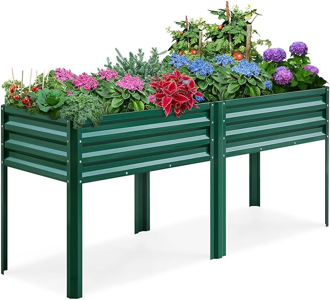 KING BIRD Raised Garden Bed with Legs Galvanized Large Elevated Planter Box for Backyard Patio Balcony 600lb Capacity Green 70.9x22.8x31.5 in