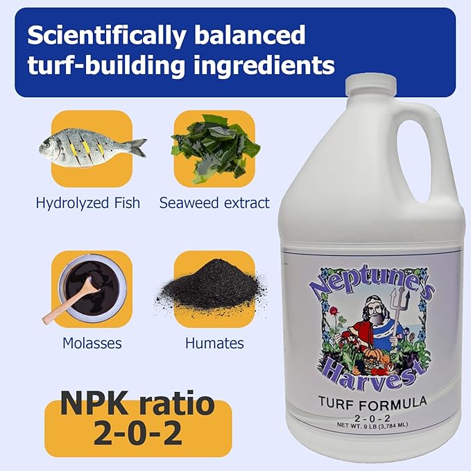 Neptune's Harvest Turf Fertilizer (2-0-2) - 9 LB Bottle - Fish &amp Seaweed-Based Lawn Food Formula - Organic Liquid Fertilizer for Lawn &amp Seed - Ideal for Flowers Vegetables Trees &amp Shrub
