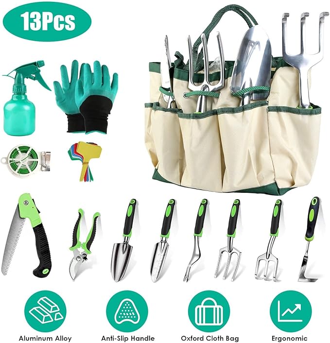 Heavy Duty Aluminum Alloy Garden Tools Set - 13Pcs Rustproof Gardening Hand Kit with Ergonomic Handle Includes Storage Tote Bag Pruning Shears Trowel for Outdoor Planting