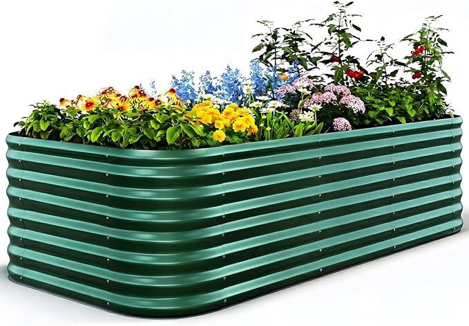 Quictent Galvanized Raised Garden Bed Kit 8x4x2 ft Oval Metal Planter Box Tall for Vegetables Outdoor Backyard Strengthened by Crossbar Dark Green