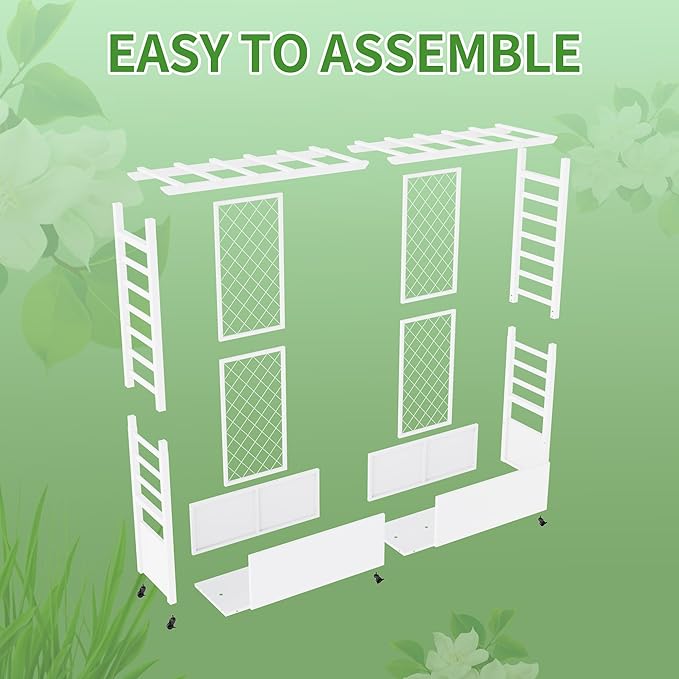 Raised Garden Bed with Trellis &amp Hanging Roof Weatherproof Metal Planter Box with Wheels Garden Arch Trellis for Outdoor Climbing Plants Vines Flowers 74 H x 77 L x 17 W White