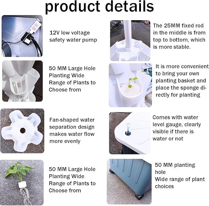 Hydroponics Tower Garden Vertical Growing System KitAquaponics Growing SystemNursery Germination Kitwith Hydrating Pump Adapter.for Herbs Fruits and Vegetables(Ivory8layers)