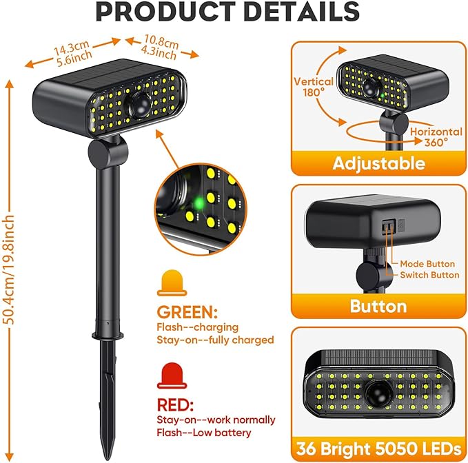 Solar Spot Lights Outdoor 3 Modes Motion Sensor Landscape Lights Waterproof IP67 LED Motion Security Solar Spotlights for Outside Yard Pathway Driveway Walkway 2 Pack