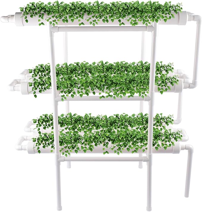 Hydroponic Grow Kit 3 Layer 108 Plant Sites 12 Food-Grade PVC-U Pipes Hydroponics Planting System with Water Pump Pump Timer Nest Basket and Sponge for Leafy Vegetables