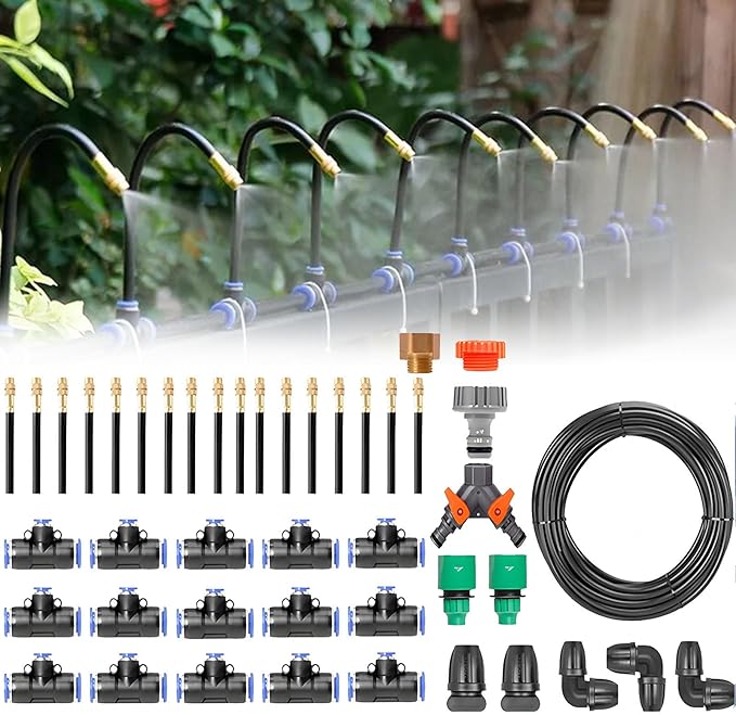 Automatic Drip Irrigation Kits 20-50m Garden Irrigation System Includes Watering Smart Timer &amp 360° Bending Dropper Atomizing Mist Nozzles Tee for Garden Watering System20m/65.6ft-WithoutTimer