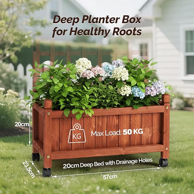 VINGLI Wooden Planter with Trellis 50 Height Elevated Garden Beds Outdoor with Wheels FreeStanding Planter Box with Drainage Holes for Flower Vegetable Fruit Herb in Garden Patio Balcony (1)