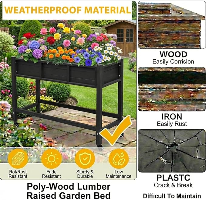 DWVO 47x18x31in Raised Garden Bed HDPE Weather-Resistant Poly Wood Planter Box Stand Planter Box with Legs &amp Lockable Wheels Elevated Garden Bed for Backyard Patio Balcony - Black