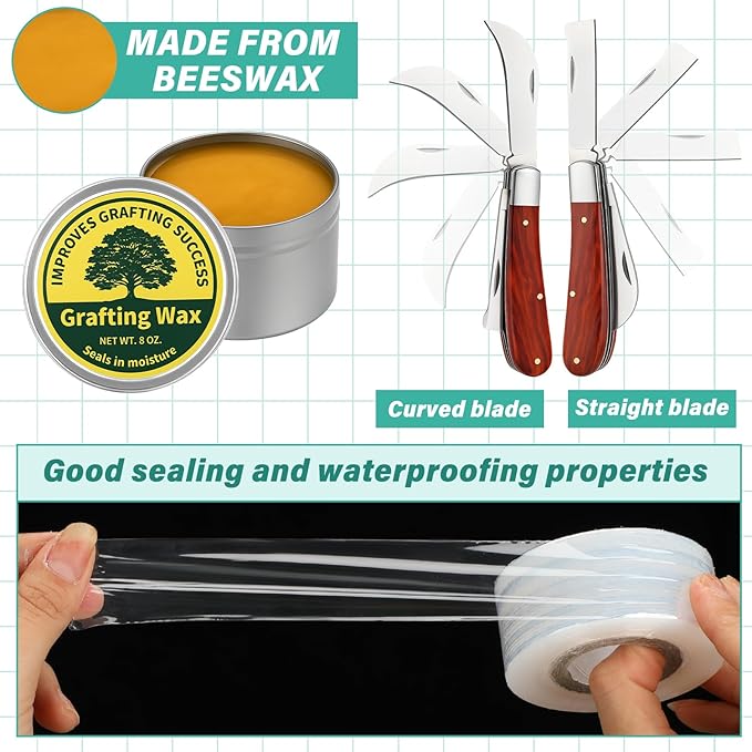 Grafting Kit 8 Oz Grafting Wax 2-5/8 Curved Straight Blades Garden Knife 3 Tape 12 Plant Labels for Successful Floral Fruit Tree