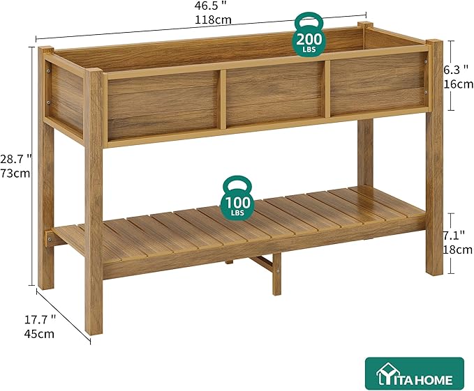 YITAHOME Raised Garden Bed Outdoor HDPE with Shelf 48x18x30in Poly-Wood Weather-Resistant Elevated Planter Box with Legs for Vegetable Flower Herb Garden Bed for Backyard Balcony Garden Brown