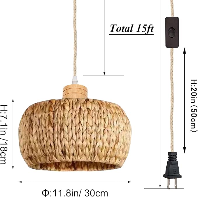 Full Spectrum Plug-in Lamp with Fan Timer Swag Hanging Boho Plant Growing Light by Remote Control Hemp Rope Cord Dimmable Water Hyacinth Drum Shape for Indoor Planting Portable 30W