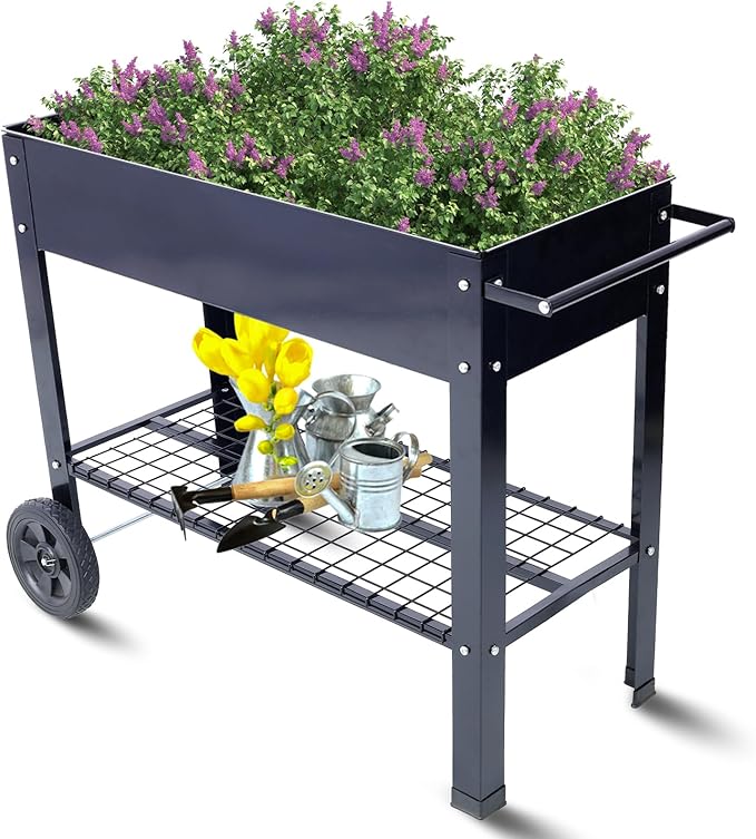 Elevated Mobile Raised Ergonomic Metal Planter Garden Bed for Backyard Patio w/Wheels Lower Shelf Black
