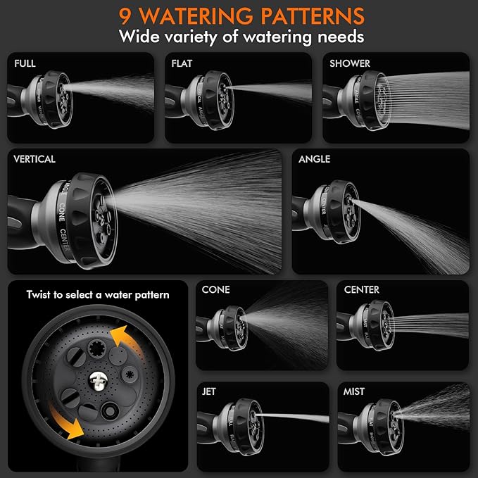 RESTMO Water Hose Nozzle Metal Garden Hose Sprayer Heavy Duty | 9 Spray Patterns | High Pressure | Thumb Flow Control Ideal for Outdoor Lawn &amp Plant Watering Car &amp Pet Washing Silver