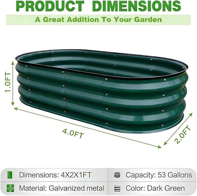 GrowHaus 2 Pack 4x2x1FT Galvanized Raised Garden Bed Planter Boxes Outdoor Metal Garden Beds for Planting Vegetables Flowers Herbs Dark Green