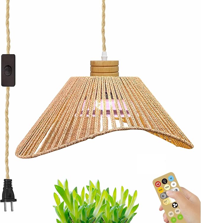 Boho Plant Growing Light by Remote Control with Integrated Circulating Fan Plug-in Twine Braiding Cord Full-Spectrum Fan Lamp Timer Swag Hanging Dimmable for Indoor Planting Portable 30W