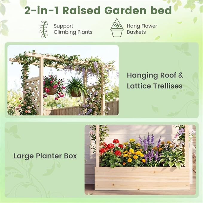 Fir Wood Raised Garden Bed with Side Trellis 109.22×35.56×114.30 cm Planter Box with Drainage Holes-Natural