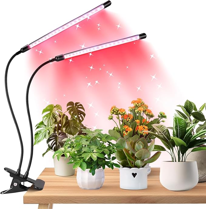 2 Heads Red Blue Grow Lights for Indoor Plants Clip On LED Plant Light Plant Growing Lamp with 3/9/12H Timer 3 Light Modes Adjustable Gooseneck(Clip-3Head)