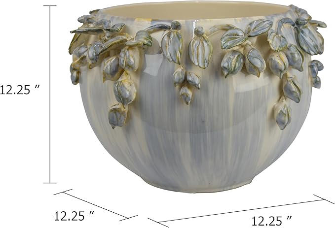 Decorative Bowl Planter White Ceramic with Floral Rim 12 Inch