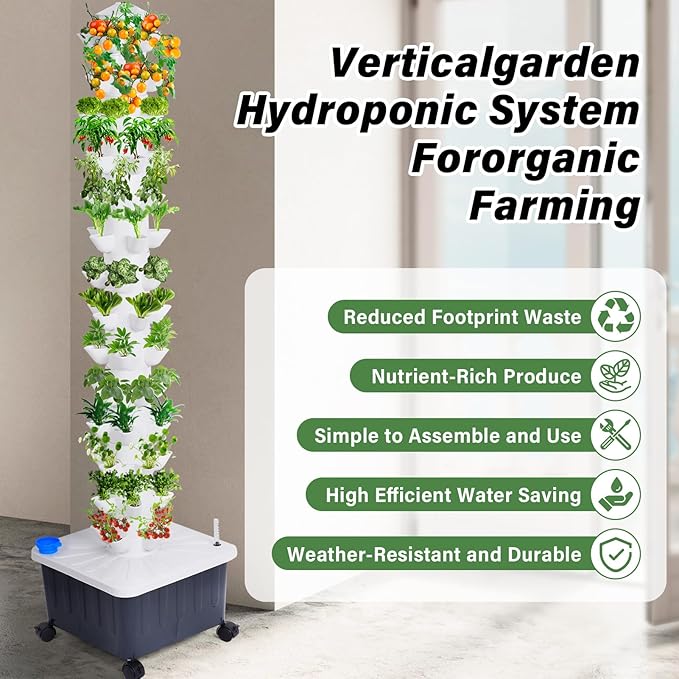 Vertical Hydroponic Tower Growing System 14-Layer 70 Plant Sites Grow Kit with Movable Water Tank Pump Timer for Home Indoor Outdoor Vegetable Strawberry Lettuce Growing