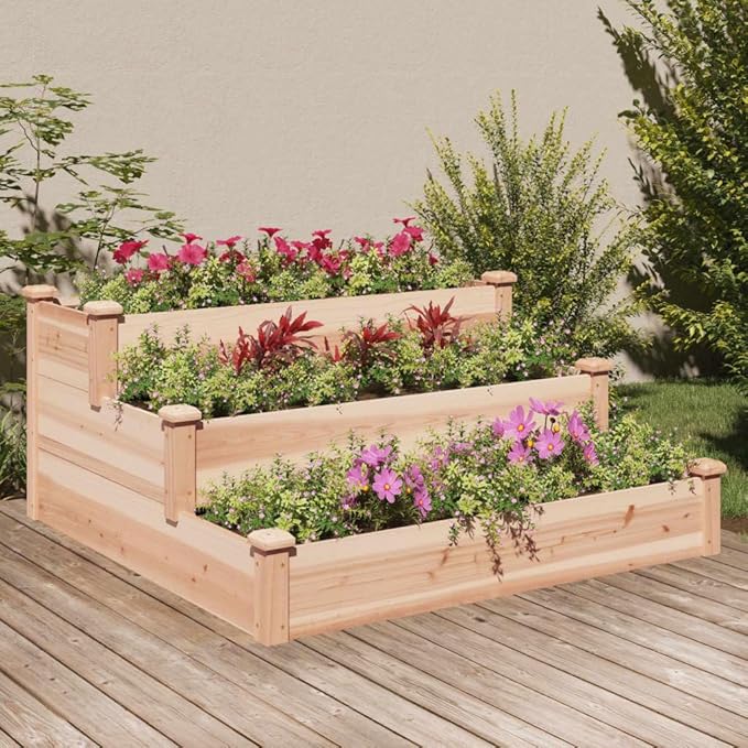 Wooden Garden Raised Bed with Stair-Step Design 3 Tier Wooden Raised Garden Bed Outdoor Elevated Flower Planter Box Outdoor Planting Container Natural 47.2x47.2x22 Solid Wood Fir