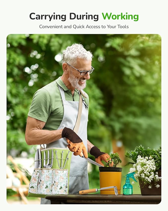All-in-One Garden Tool Set 11-Piece Heavy Duty Gardening Tools with Ergonomic Canvas Shoulder Crossbody Bag Rust-Proof Premium Garden Tool Kit Gardening Gift for Women Men Green GR003