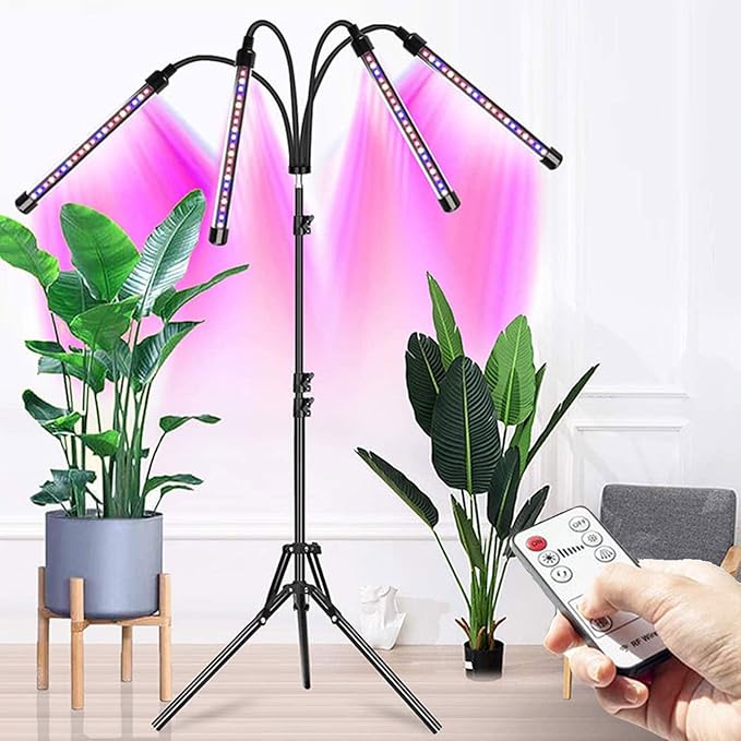 Grow Light with Stand for Indoor Plants 4-Head LED 80 LED Full Spectrum Floor Grow LampTiming 4/8/12H for Tall &amp Large Plants with RF Controller (Tripod Adjustable 25-59 Inch)