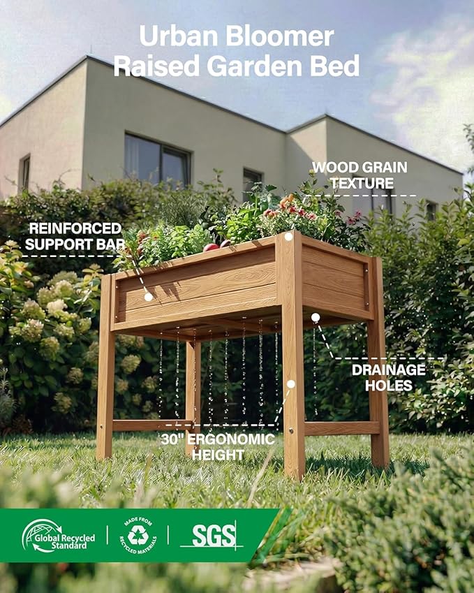 YEFU Raised Garden Bed Outdoor: 34x18x30in Teak HIPS Elevated Planter Box with Legs for Vegetables Herbs Flowers - Patio/Balcony/Backyard Gardening - Accessible Solution for Knee and Back Comfort
