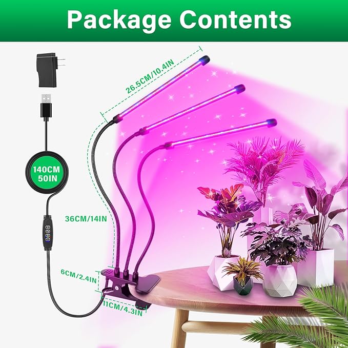 SKYWORLD LED Grow Light 60 LEDs Full Spectrum Clip Plant Growing Lamp for Indoor Plants Flexible Gooseneck Auto On Off Timing 3/9/12H 10 Dimmable Levels 3 Tubes Red &amp Blue